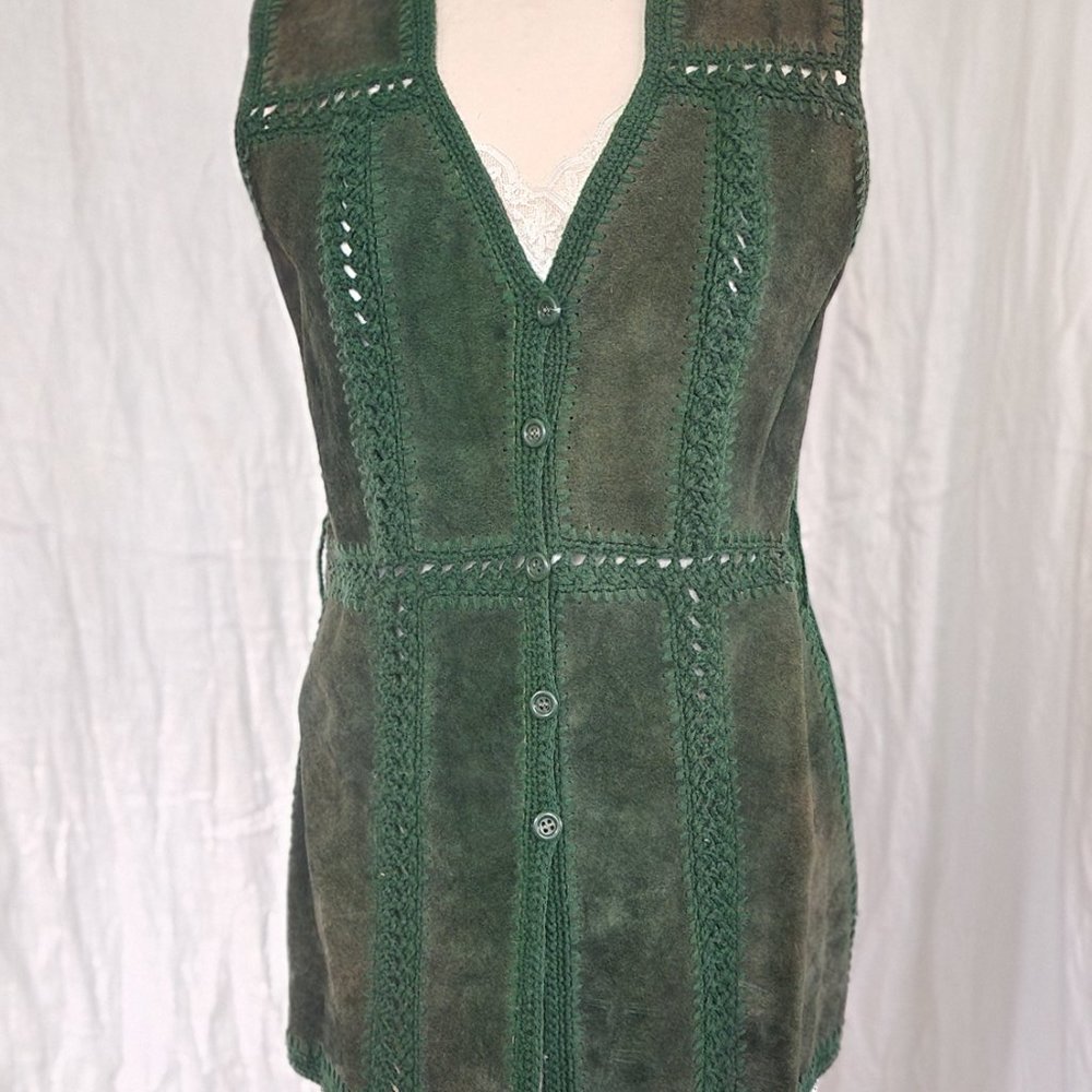 1970s Leather crochet Sweater Vest w knit seventies patchwork and buttons